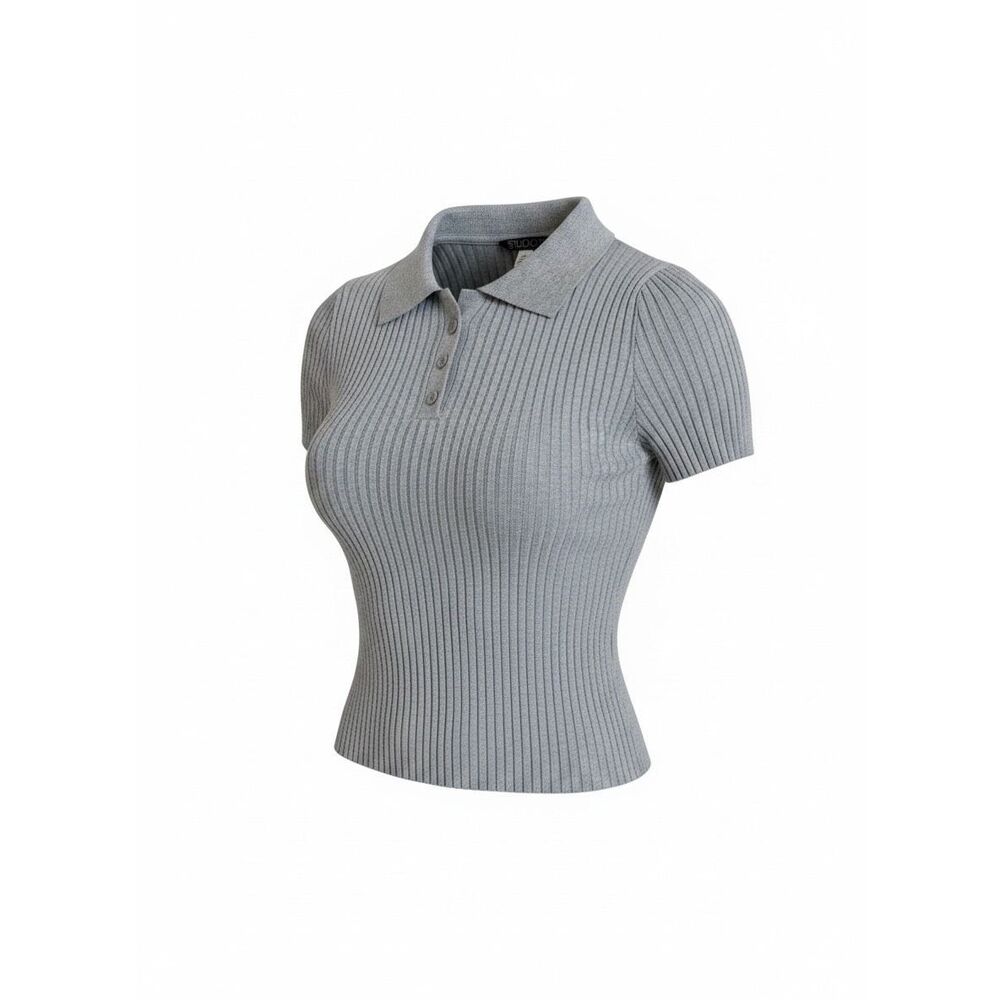 Studio 19 Grey Ribbed Knit Polo Sweater‎ Size Small Short Sleeve Button Crop Top